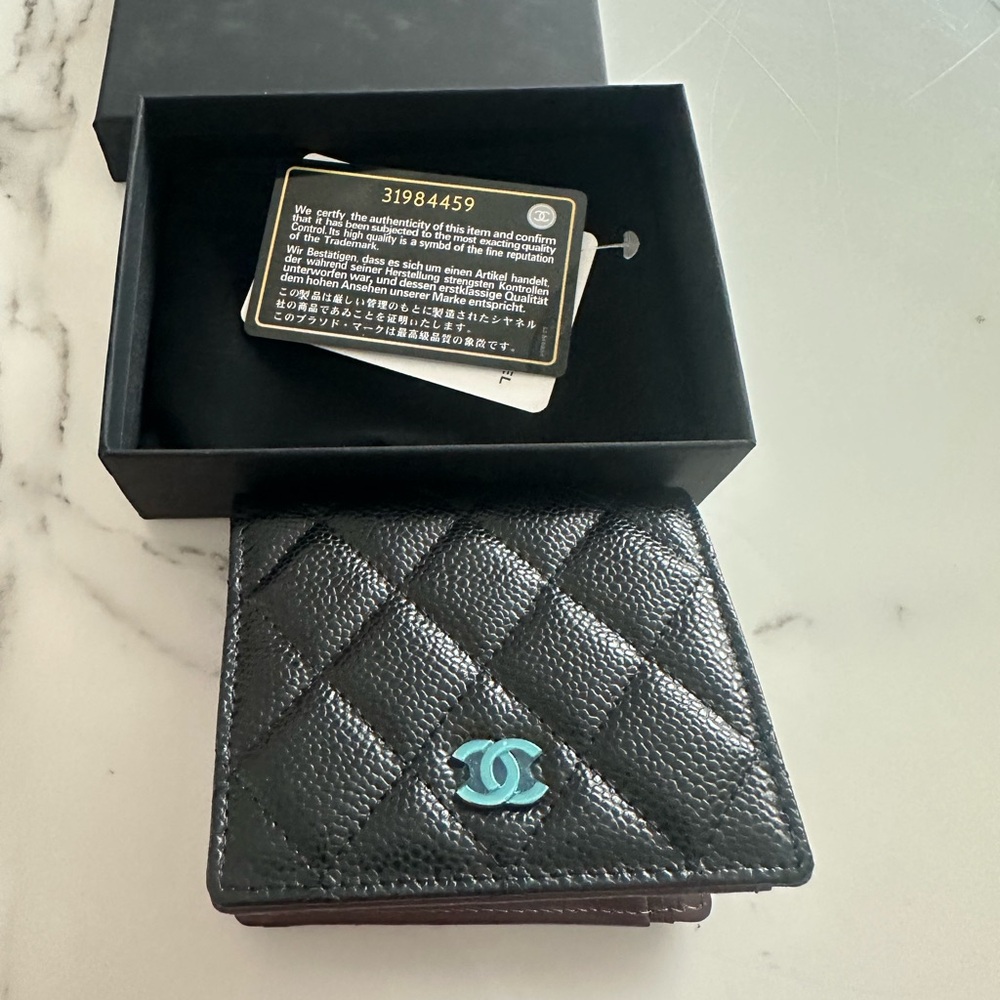 Chanel Black Quilted Leather Men's Wallet with Turquoise CC Logo